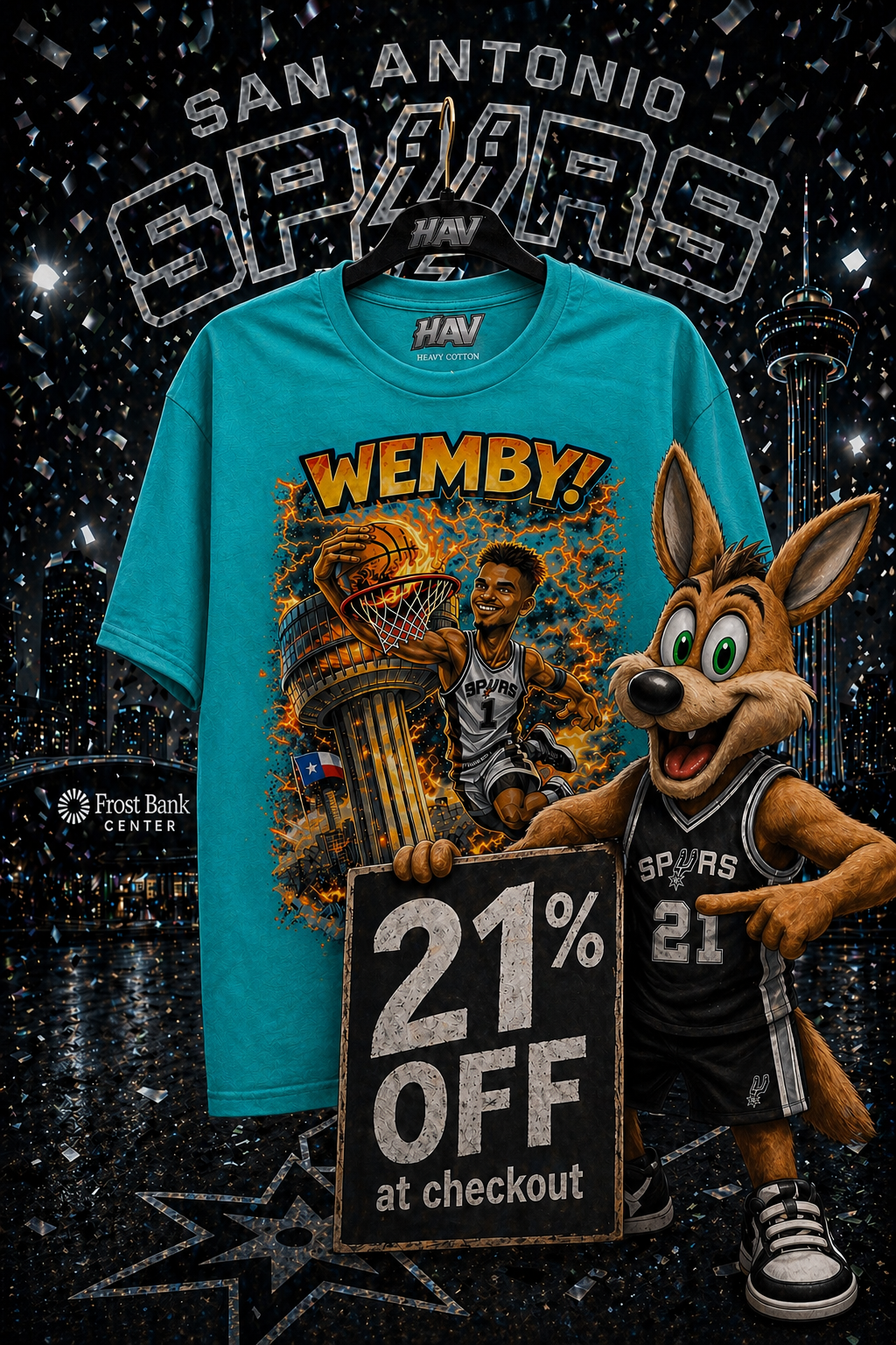 Spurs Wemby dunk shirt with San Antonio skyline graphic